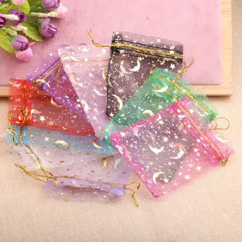 25/50pcs 7x9/9x12/10x15/13x18cm Star Moon Organza Gift Bags Mini Sachet Gold Color Drawstring Bag Jewelry Packaging Pouches 1