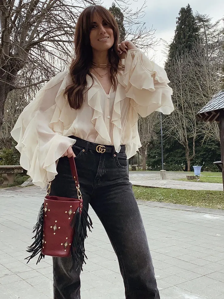 HH Women Fashion Translucent Ruffles Blouses Elegant Solid V Neck Single Breasted Shirts Spring Summer Hollow Out Chic Tops