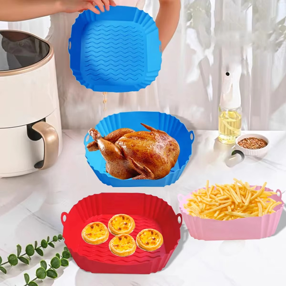  Silicone Air Fryer Pot Tray Food Safe Reusable Square BBQ Barbecue Pad Plate Airfryer Oven Baking Mold Basket Pan for Kitchen 