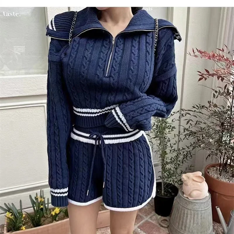 New Fashion Big Collar Zipper Short Long Sleeve Top High Waist Drawstring Drawstring Waist Contrast Edge Shorts Knitted Set
