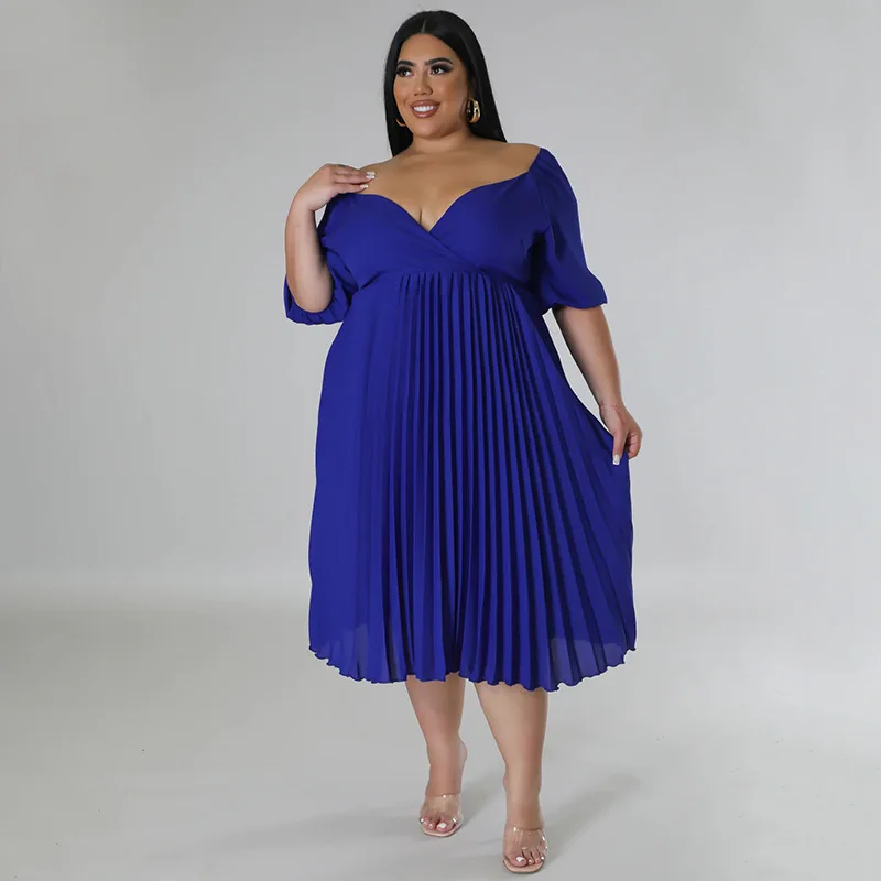

Fashion Elegant V-Neck Chiffon Pleatsith with 3/4 Sleeves Midi Dress Summer Women Solid Color Modern Simple Formal Evening Dress