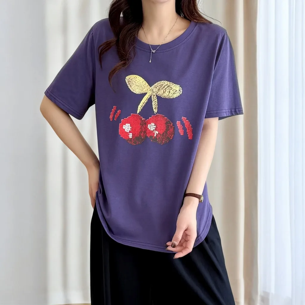Summer 2025 Plus Size Top New 100kg Temperament Casual Printed Cherry Short Sleeve Tees Women's T-shirt 854