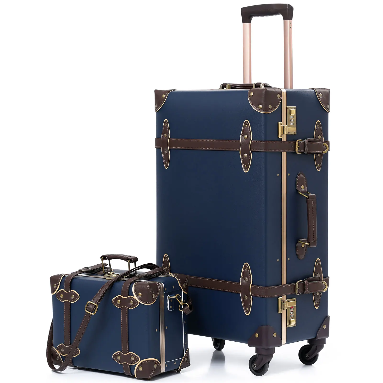 

urecity vintage suitcase set for women, vintage luggage sets for women 2 piece, cute designer trunk luggage （Navy Blue)
