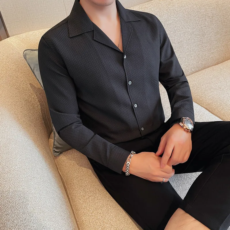 남성용 V넥 긴팔 셔츠, 비즈니스 용수철, 편안한 캐주얼 격자 무늬 셔츠, 단색, 폭발적인 고급 패션