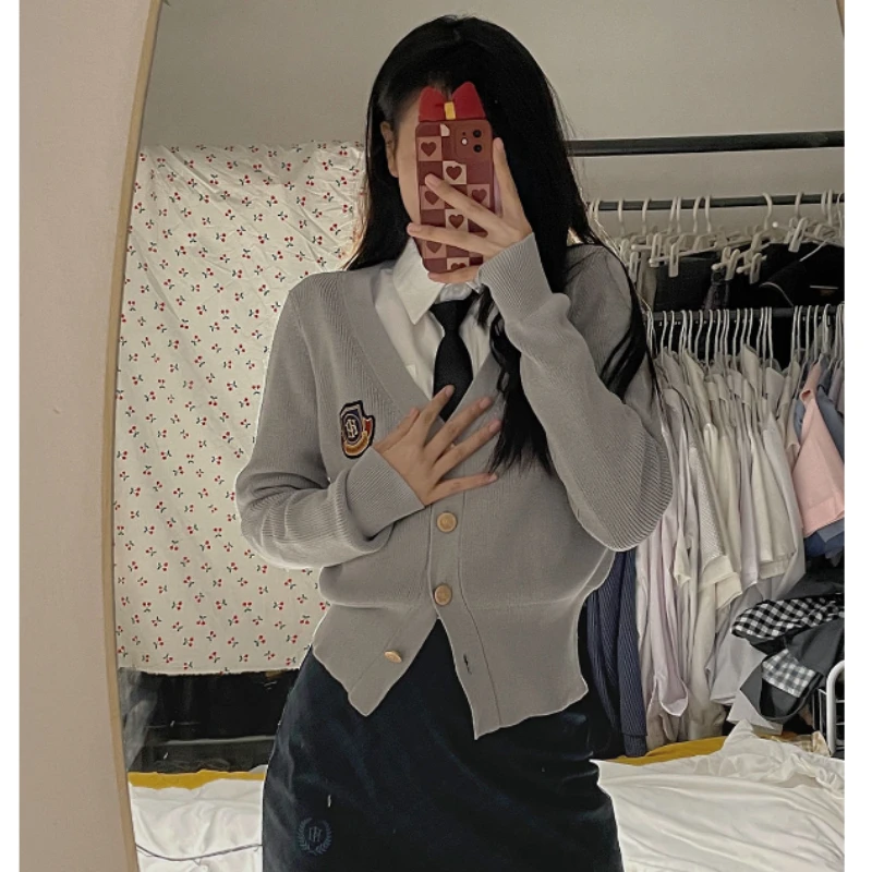 

Deeptown Y2k Japanese Style Grey Coquette Sweater Cardigan Women Vintage Preppy JK Uniform Tunic Cropped Knit Top Jumper Female
