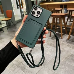 Versatile Crossbody Lanyard Wallet with Card Holder and Necklace Rope - Silicone Soft Cover - iPhone 14 (Dark Green)