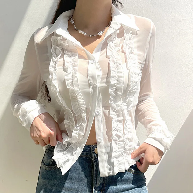 

Сексуальная сетчатая кружевная женская рубашка JMPRS с длинным рукавом, новая весенняя модная блузка с V-образным вырезом, топы, Женские приталенные белые блузки с рюшами для женщин