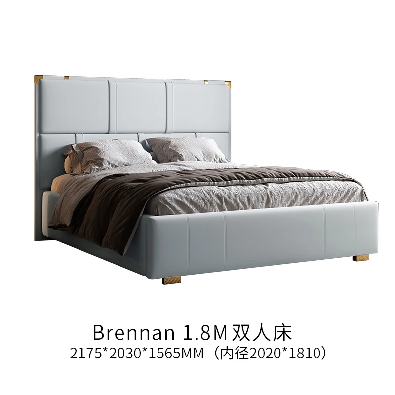 Modern light luxury leather solid wood double bed with high backrest and simple master bedroom high-end wedding new product |