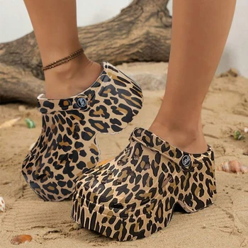 Leopard Platform Clogs for Women Closed Toe Chunky High Heel Sandals Woman New Summer Street Beach Slides Girls Fashion Slippers 1
