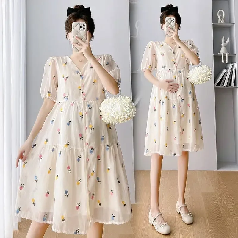 

Maternity Dresses Fashion Summer A-line Loose Short Sleeve Skirt Pregnant Women Irregular Clothes Pregnancy Mom Print Dress New