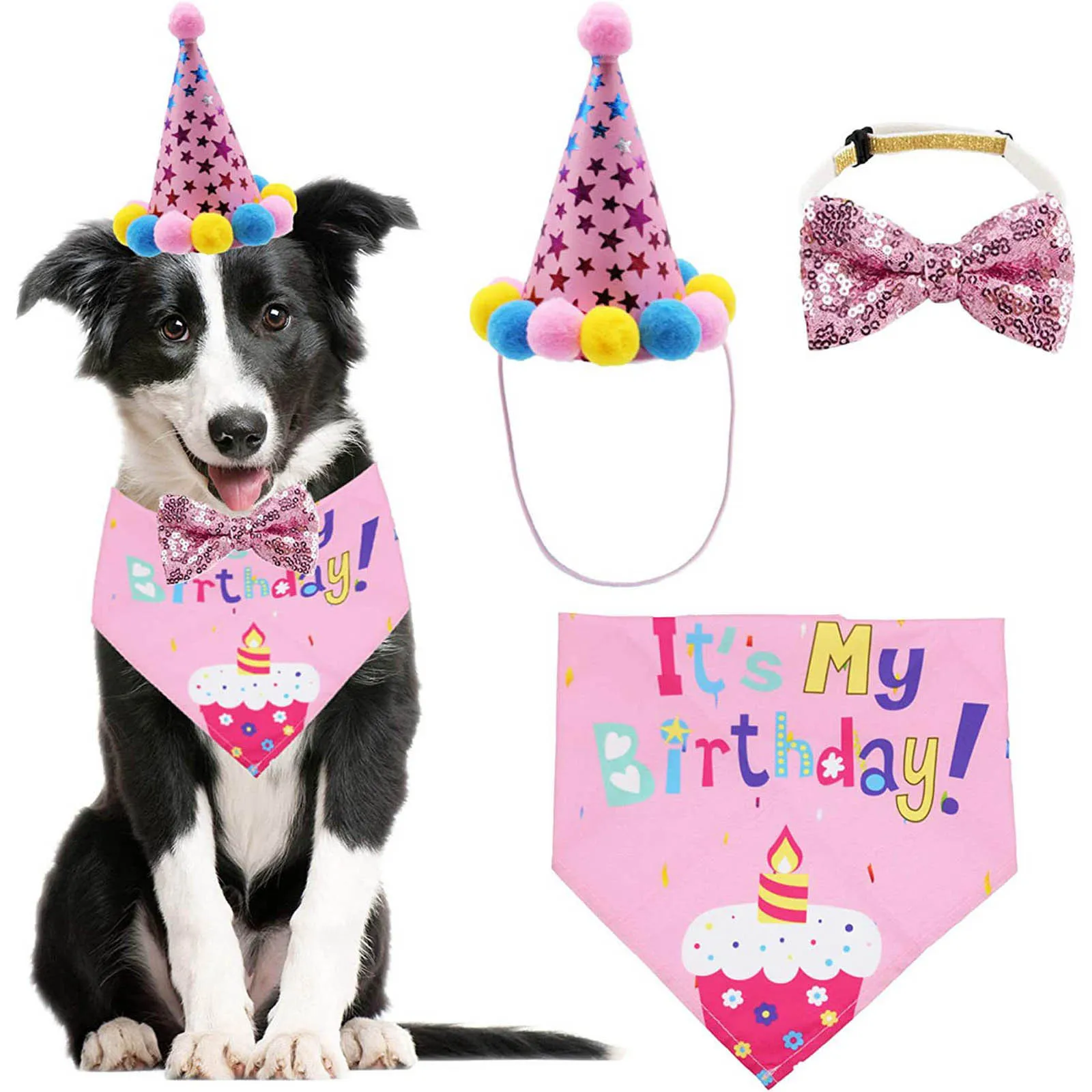 Birthday Party Bandana Scarf Dog Clothes With Hat Cute Bow Tie Small Pet Three-Piece Set Cute Pet Party Decorations Ropa Perro