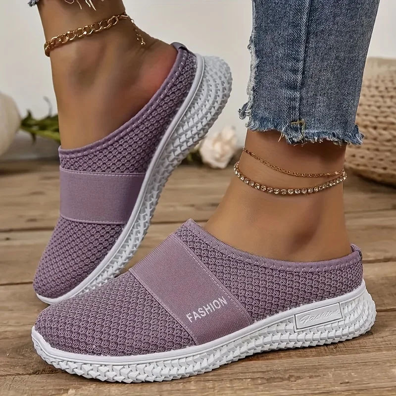 Women's Solid Color Mules, Soft Sole Platform Slip On Walking Shoes, Half Drag Breathable Shoes 5