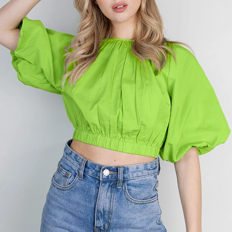 

Summer New Fashion Retro Shirt Cotton and Linen Women's Lantern Sleeve Short Loose Round Neck Short Sleeve T-shirt Aesthetic