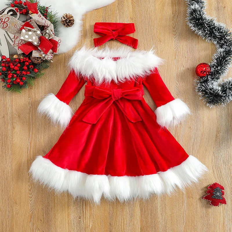 Kid Baby Girl Christmas Clothes Set Faux Fur Patchwork Long Sleeve Off Shoulder A-Line Dress with Belt + Bow Headband girls dress princess costume kids clothes