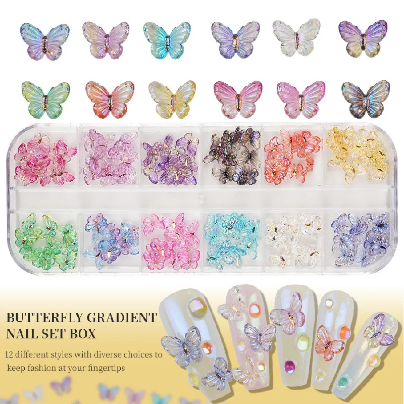60Pcs/Box Nail Art Butterfly Resin Stones Gems 2 Sizes Multi-Colors Sparkle Nail Designs Charms DIY Manicure 3D Decals Crafts 3
