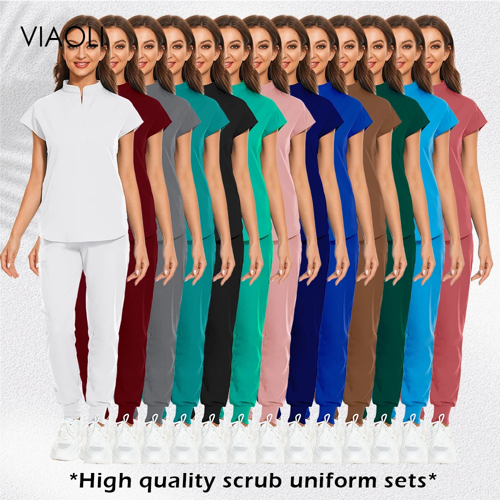 

scrubs uniform soft nursing medical uniforms lab coat scrub joggers suit Hot sale multi-color unisex Short sleeved top pants set