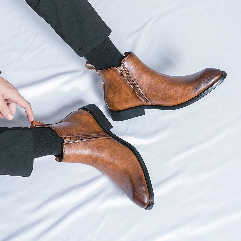 Classic Chelsea Boots Side ZIP Slip-on High-top Boots Men's Luxury Leather Ankle Fashion Business Short For Suits