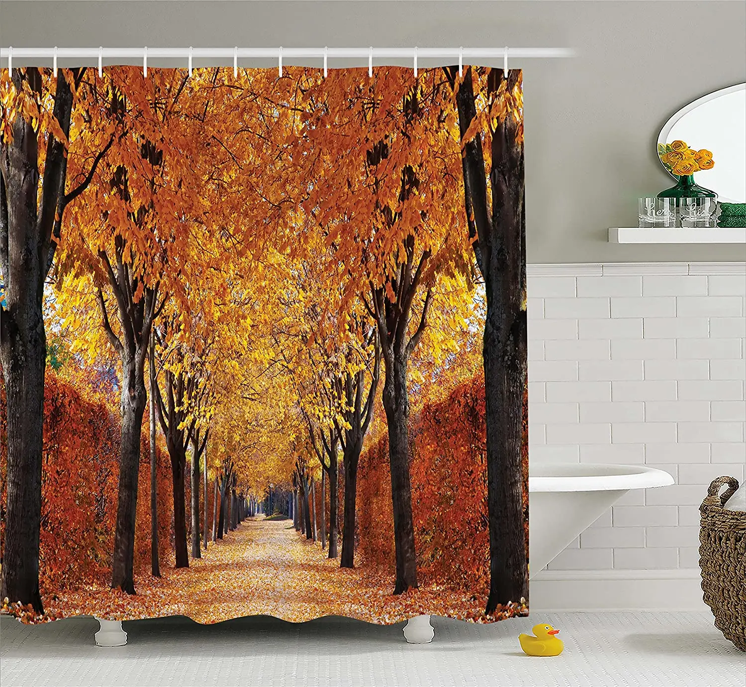 Autumn Shower Curtain, Pathway in The Woods Covered Dried Deciduous Tree Leaves Romantic Fall Season, Cloth Fabric Bat