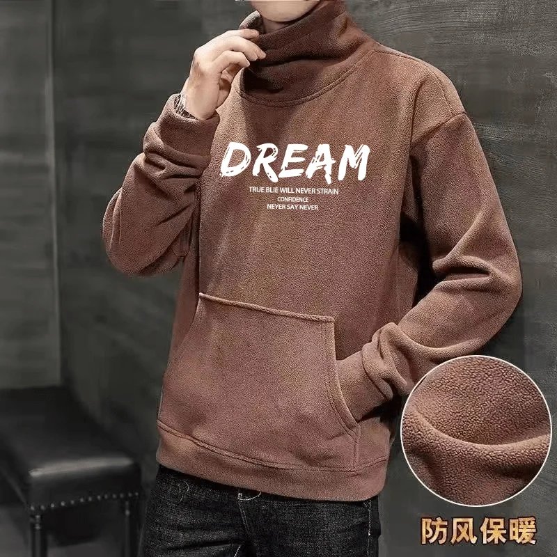 Autumn Winter Half High Collar Letter Printing Sweatshirt Male Loose Casual All-match Add Velvet Pullover Top Men Pocket Outwear