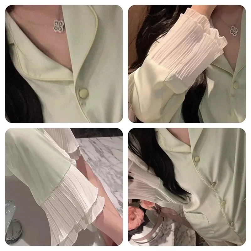 2024Women's Clothes Four Seasons Pajamas Ladies Ice Silk Long-Sleeved Sweet Large Size Solid Simple Casual Fashion Soft Homewear