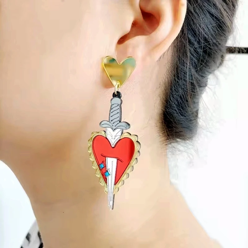 KUGUYS Stabbed Heart By Sword Ohrringe für Damen, Spiegel-Acryl, originell und lustig, rotgoldfarben, klassischer Schmuck, Accessoires
