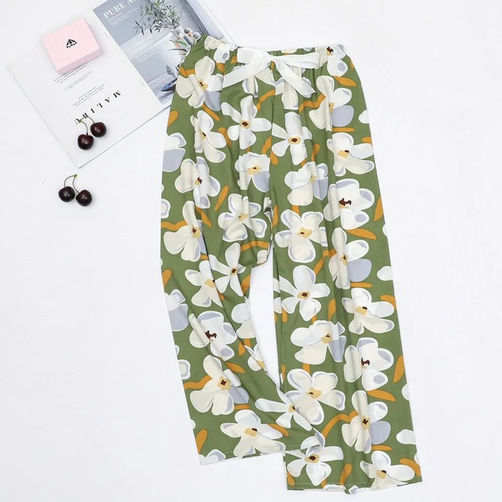 2022 Home Pants Women Spring Summer Thin Sleep Pants Floral Printed Pajama Pants Wide Leg Loose Plus Size Calf-length Bottoms images - 6