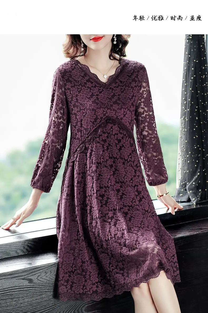 Spring Autumn Solid Lace Sexy Aesthetic Dress Women Long Sleeve Hollow Out Chic Vestidos De Fiesta Elegant Fashion Robe Femme