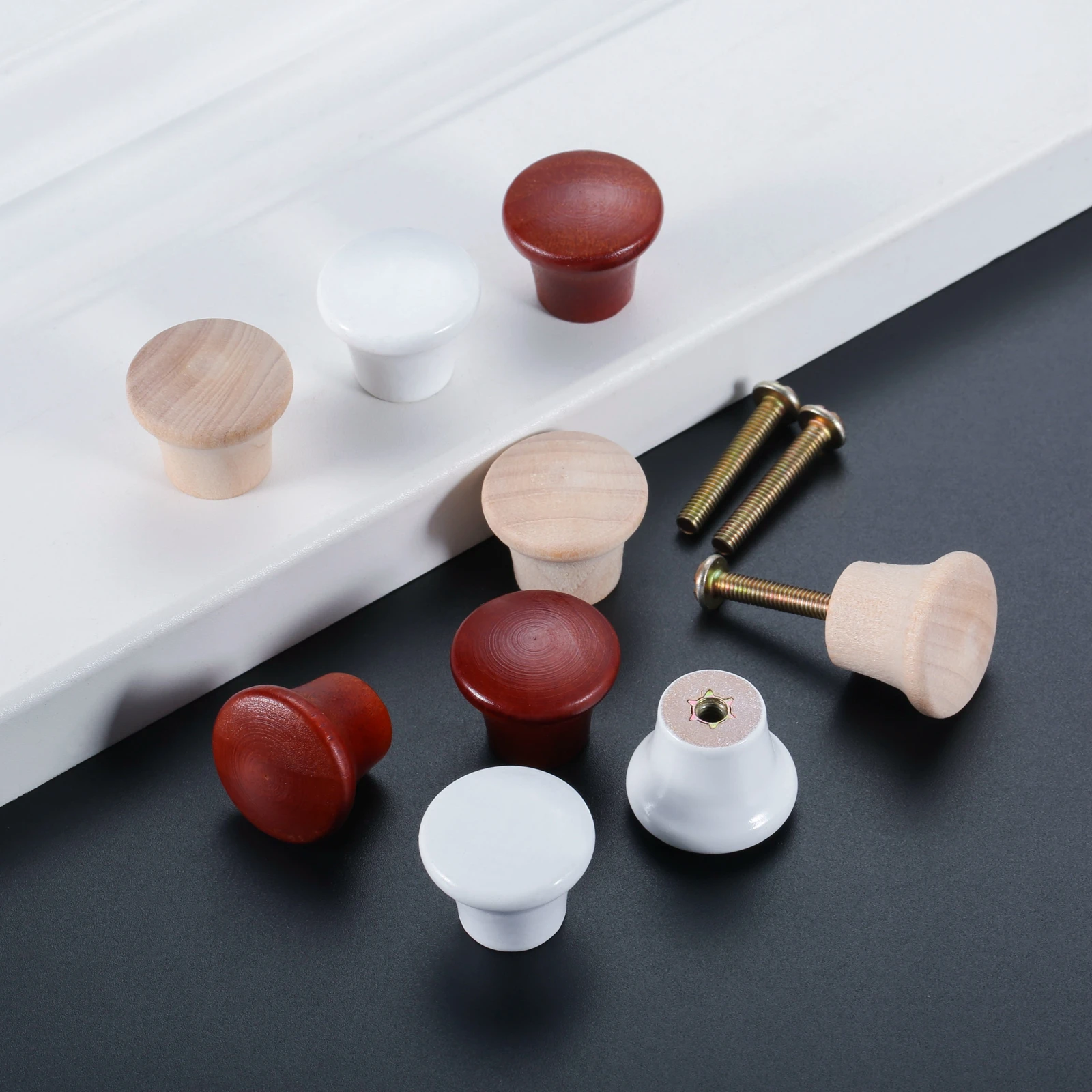 5pcs Mini Wooden Pull Knobs with Screws 23*20mm Round Single Hole Decorative Handles for Cabinets Drawer Dresser Wardrobe Closet