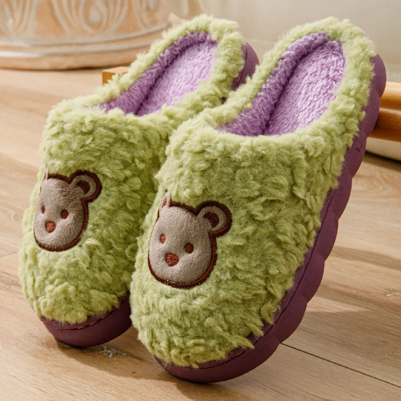 Women Winter Warm Home Slippers Thicken Indoor Cute Bear Plush Floor Slides Non-slip Fur Cotton Shoes Ladies Couples Slippers 2