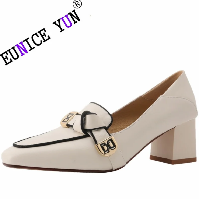 

【EUNICE YUN】New Brand Genuine Leather French Retro High-heeled Lady Sandals Female Thick Heel Square Toe with Back Empty 33-40