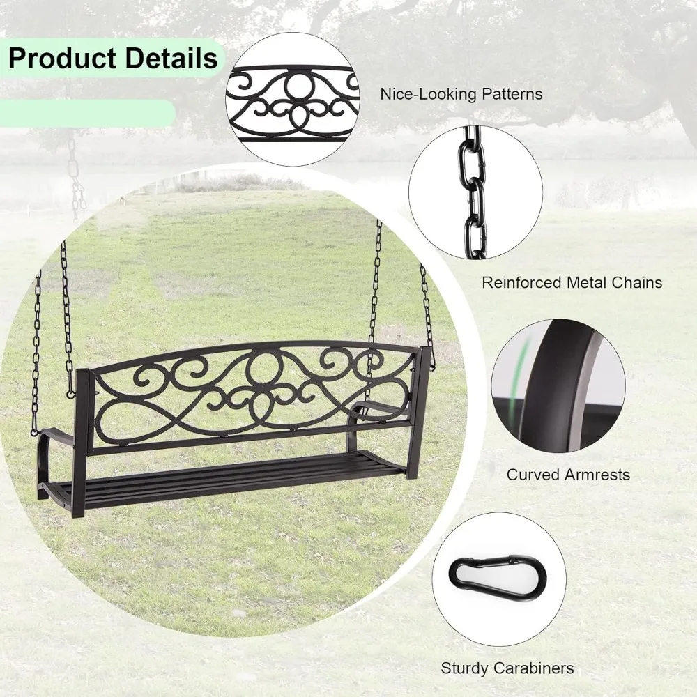 Metal Porch Swings 2 Person Outdoor Hanging Garden Bench, Wide Seat & Curved Armrests, 485 Lbs Weight, Patio Swings 5