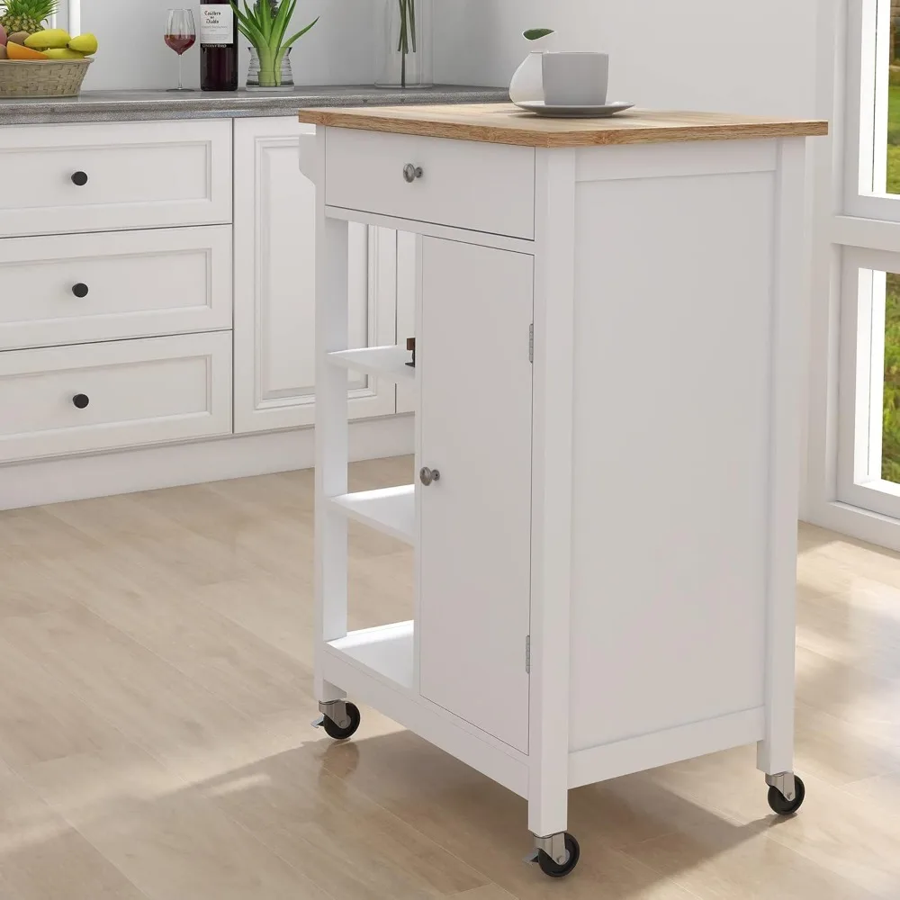Kitchen Island on Wheels with Single Door and One Drawer Solid Wood Top Storage Cabinet 2 Open Shelves White Kitchen Trolley