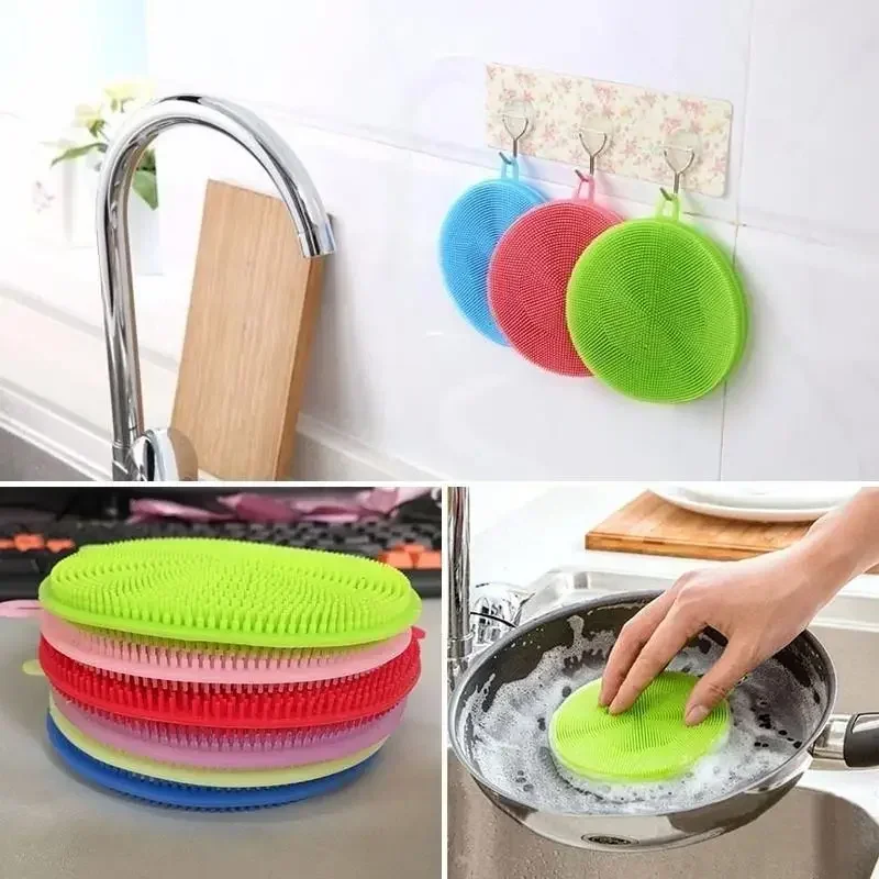 Kitchen Portable Dish Washing Scrubber Silicone Bowl Cleaning Brush Cloth Scouring Pad Pot Kitchen Cleaning Dish Sponge Tools