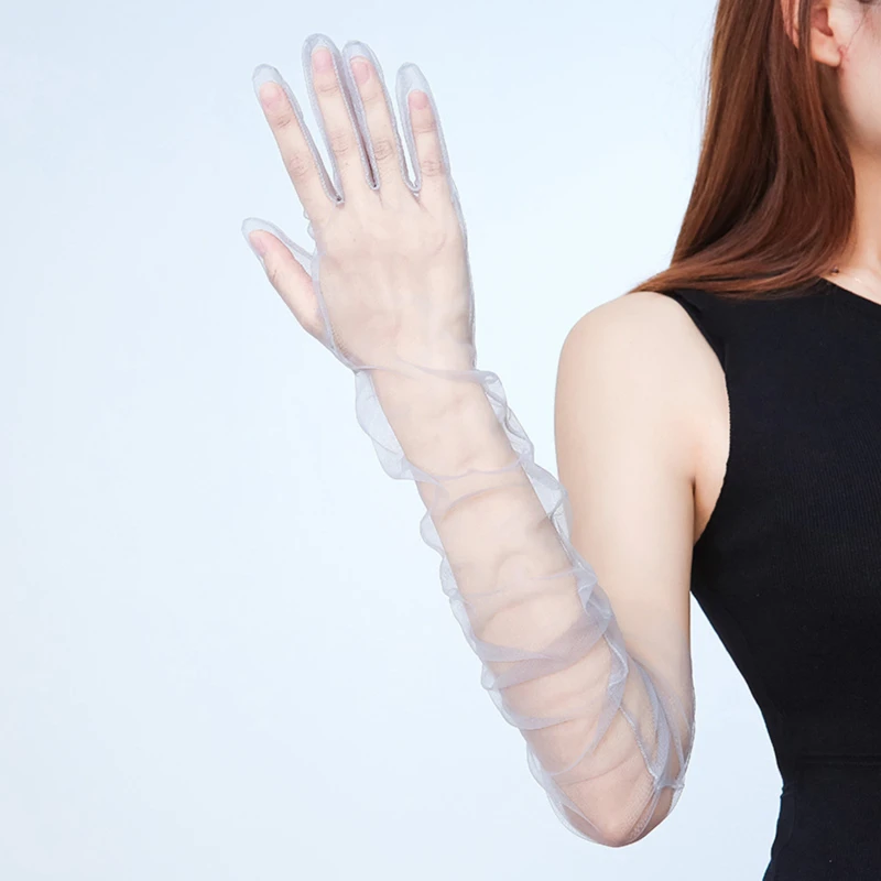 Long Sheer Tulle Wedding Gloves - Ultra Thin Stretchy Full Finger Mittens