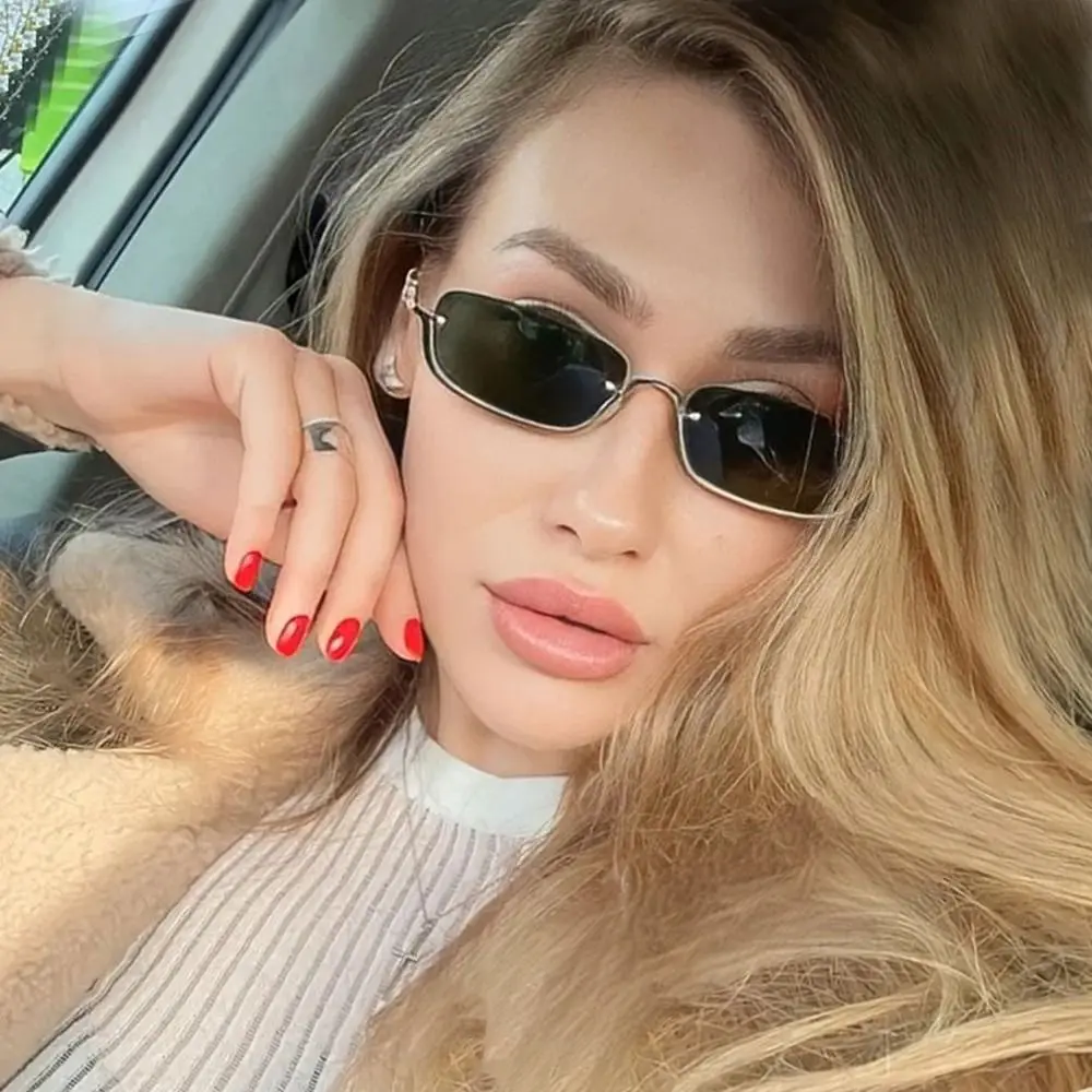 재미있는 작은 사각형 여성용 선글라스 힙합 스타일 좁은 빈티지 쉐이드 메탈 하프 프레임 선글라스 (여성 및 남성용)