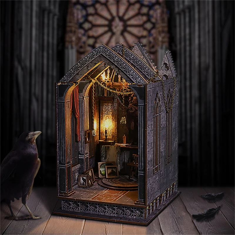 DIY Book Nook Wooden Miniature Model Kit Gothic Church Architecture Bookend Assembled 3D Puzzle Bookshelf Home Decor Adult Gifts 2