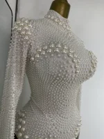 Luxury White Pearls Stretch Leotard Women Nightclub Show Bodysuit Prom Dress Long Sleeve K-Pop Performance Costumes Dropshipping - Image 6