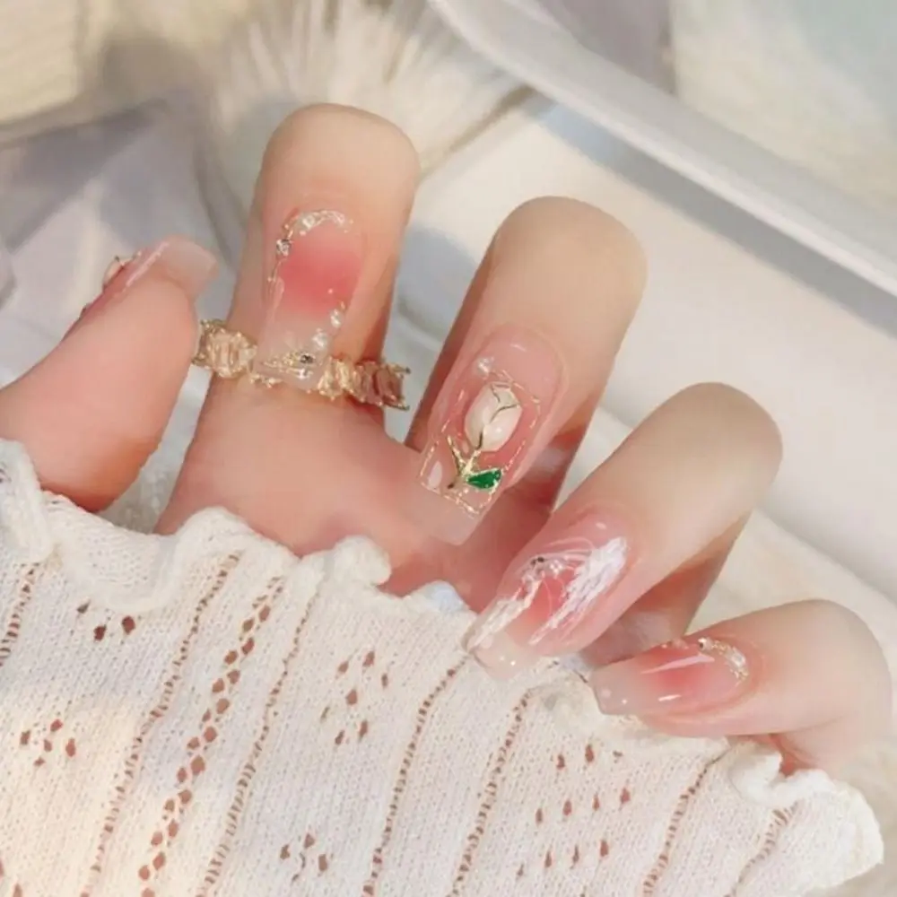 

24pcs Long Ballerina Fake Nails French Rose Flowers Butterfly Crystal Full Cover Press on Nails DIY Detachable