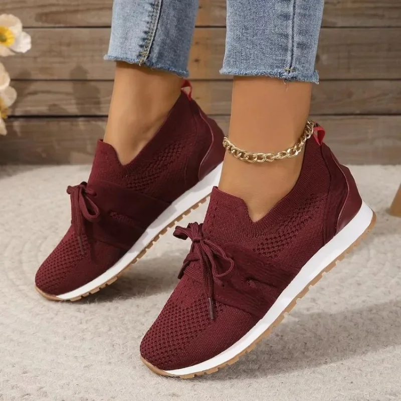 2023  Brown Knit Breathable Sneakers Shoes Women 2023 New Soft Sole Platform Flats Woman Plus Size 43 Non Slip Casual Shoes