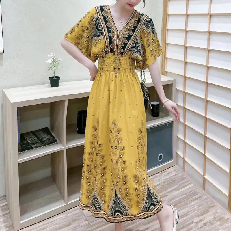 

Summer New V-Neck Women Dresses Cotton Silk Slim Bawing Sleeve High Waist Print Dresses Casual Holiday Fashion Female Dresses