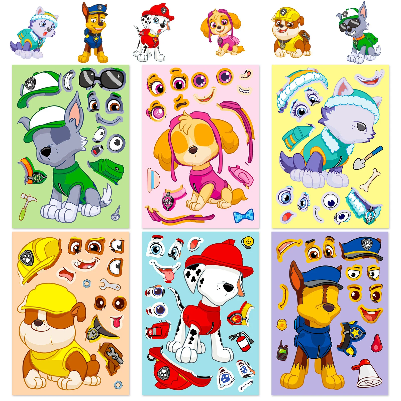 6/12sheets niedliche Pfote Patrouille Puzzle Anime Aufkleber Chase Make-a-Face montieren lustige Cartoon Aufkleber montieren Puzzle Kind Geschenk Spielzeug