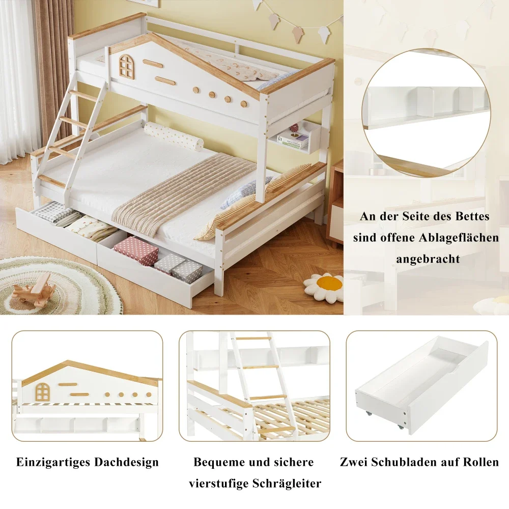 90 x 200 cm und 140 x 200 cm großes Kinder-Etagenbett, mit farbigem Fallschirmgitter, zwei Schubladen, modernes Bett mit Fenster und vierstufiger Leiter – Detail 9
