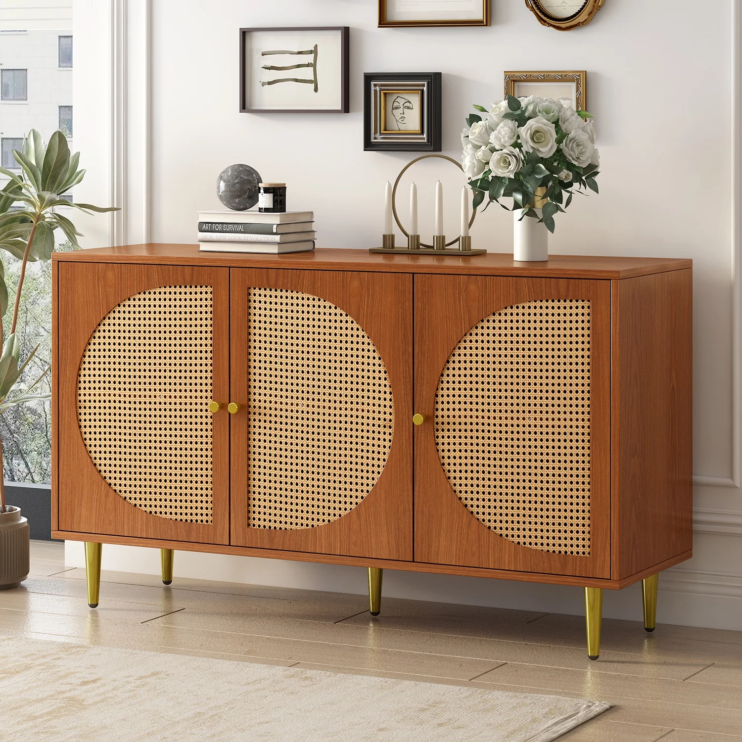 Sideboard mit 3 Rattan-verzierten Türen, Kommode mit Metallgriffen, für Schlafzimmer, Wohnzimmer und Büro – Detail 2