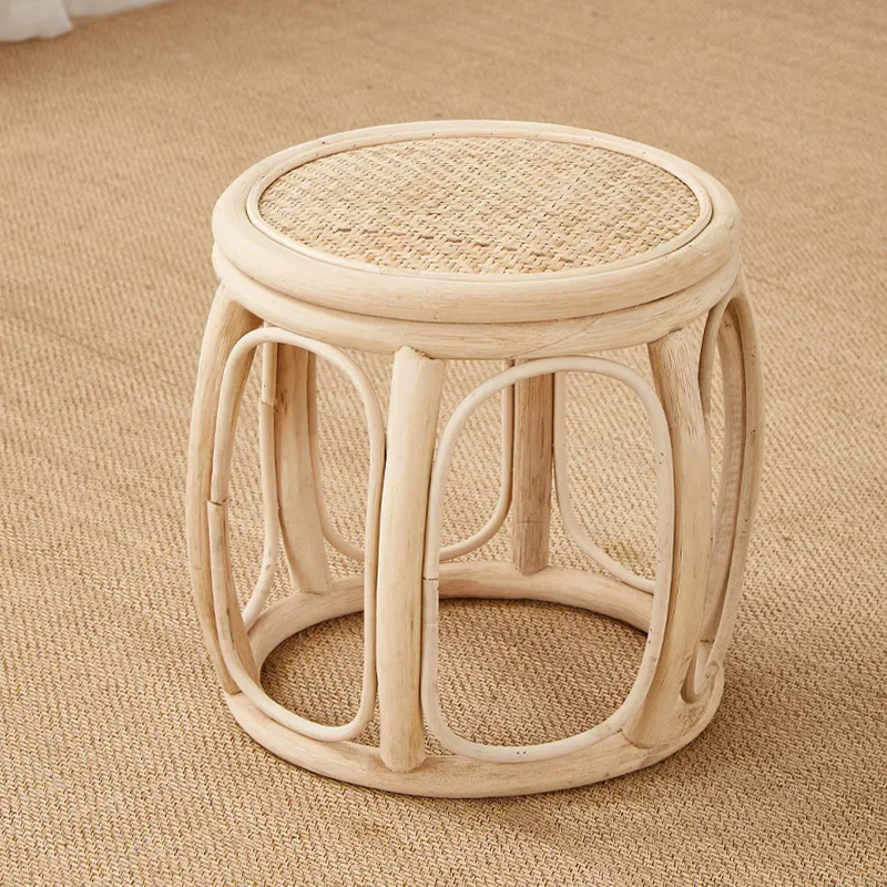 

Furniture Rattan Woven Circular Stool Mobile Living Room Hallway Entrance Changing Shoes Bench Creative Plant Vine Drum Stools