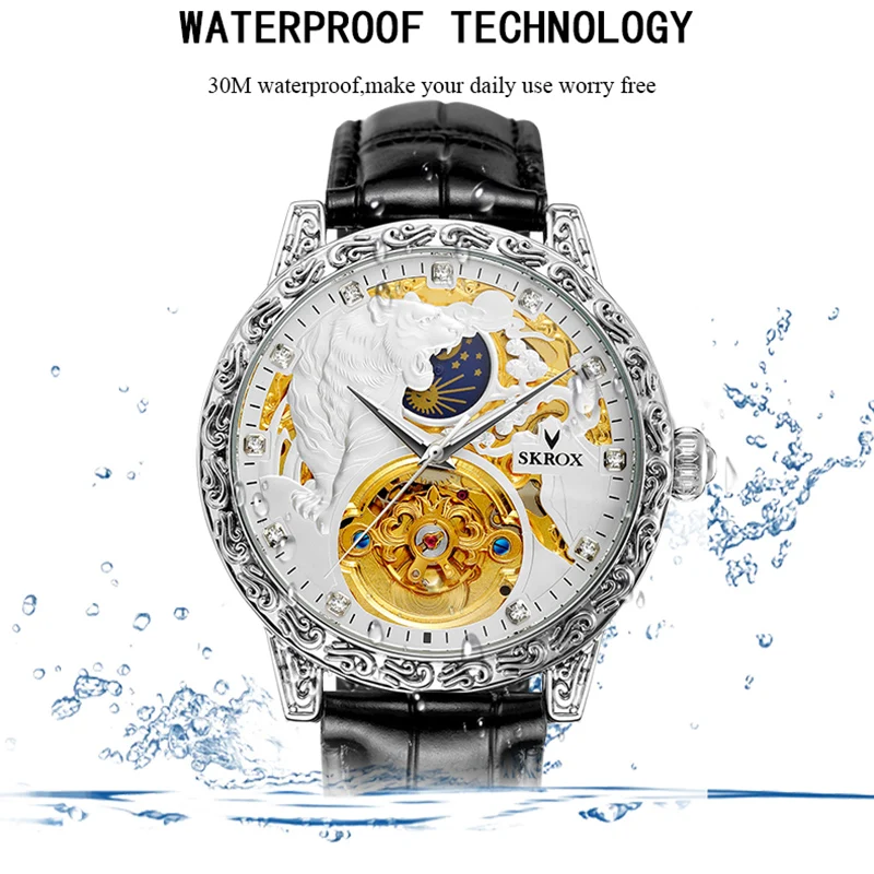Orologio Uomo Meccanico Automatico A Scheletro - Quadrato In Acciaio Inox Con Cinturino In Pelle - Impermeabile 3 ATM - Regalo Di Compleanno - 2