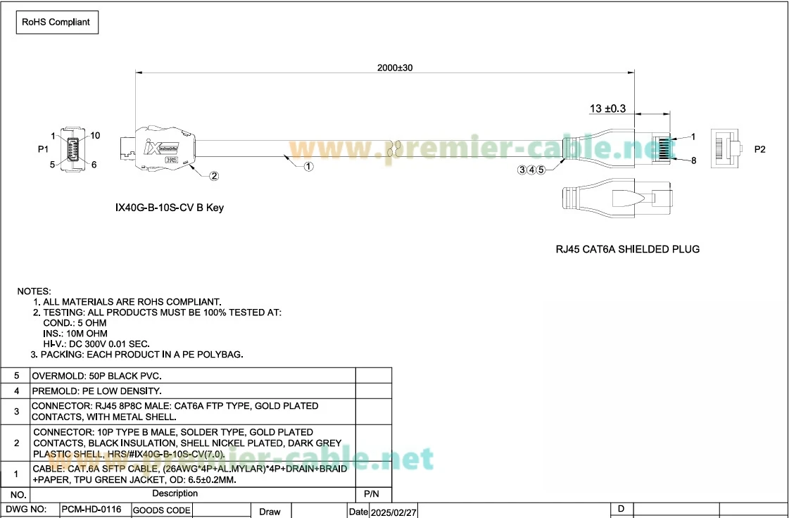 IX Industrielles Cat6A Serielles Kabel IX40G-B-10S-CV(7.0) IX B-Key auf RJ45 Stecker Abgeschirmt SFTP 10Gbps für PoE Industrielle Switches – Detail 3