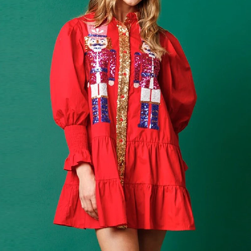 

Women Abstract Print Glitter Sequin Shiny Dress Spring Button Office Lapel Shirt Dress Autumn Long Sleeve Pleated New Year Dress