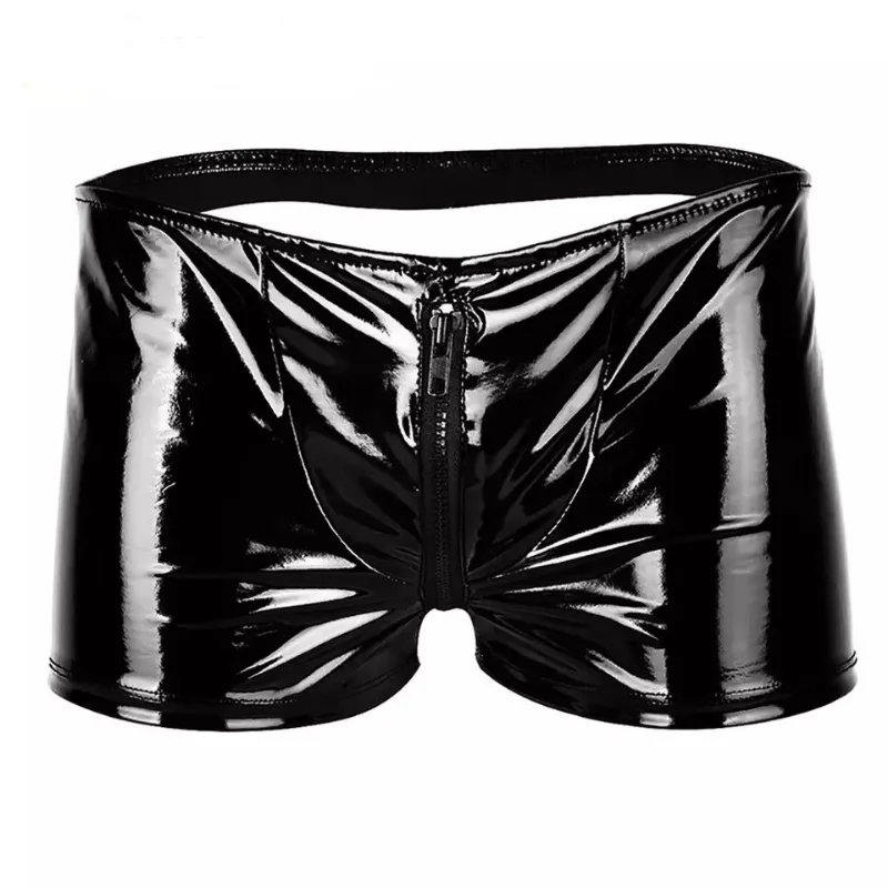 

Boxer Shorts Exotic Sexy Wetlook Latex Shorts Men PU Leather Zipper Open Crotch Bondage Gay Exotic Lace Up Shorts Sexy Costume