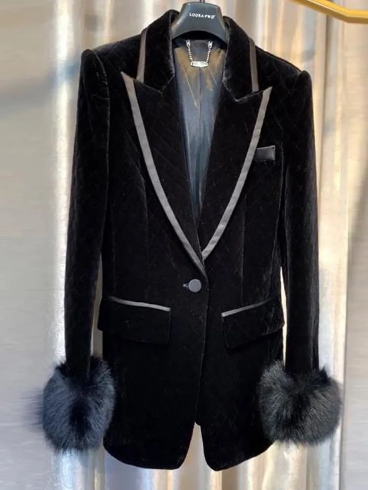Thick Winter Gold Velvet Blazer Women Small Fragrance Notched One Button Fur Stitching Warm Outwear