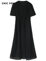CHIC VEN Women Dresses French Style Vintage V-neck Puff Sleeve Long Dress Solid Black Loose Female Clothing Summer New 2023 - Image 5